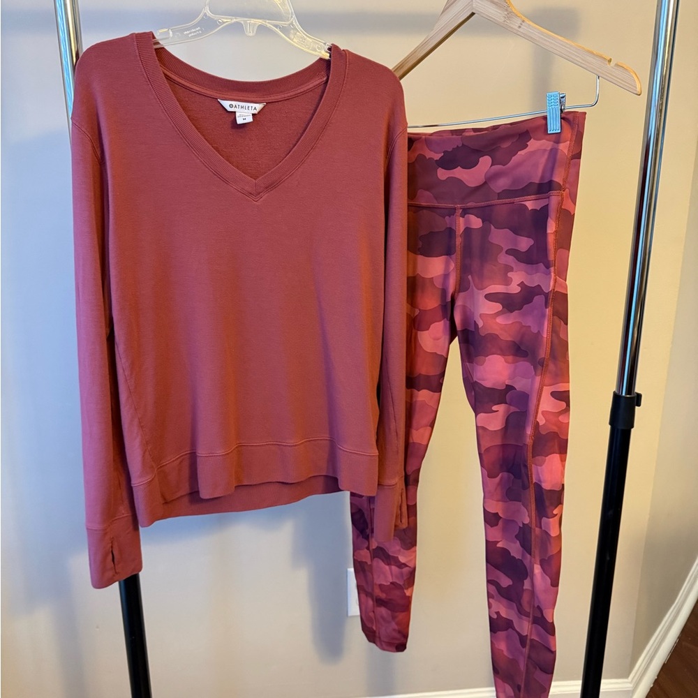 Athleta Set Dusty Rose Top Size Medium and Camo Leggings Size Medium Tall